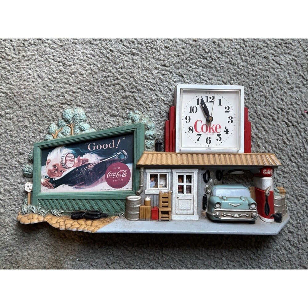 Coca Cola Route 66 Service Station Wall Clock 3D Plaque 1990